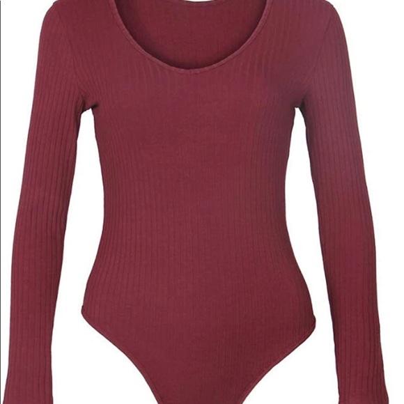 Women's Size Small Deep V Neck Long Sleeve Basic Bodysuit Ribbed Knit Bodycon - Picture 3 of 6